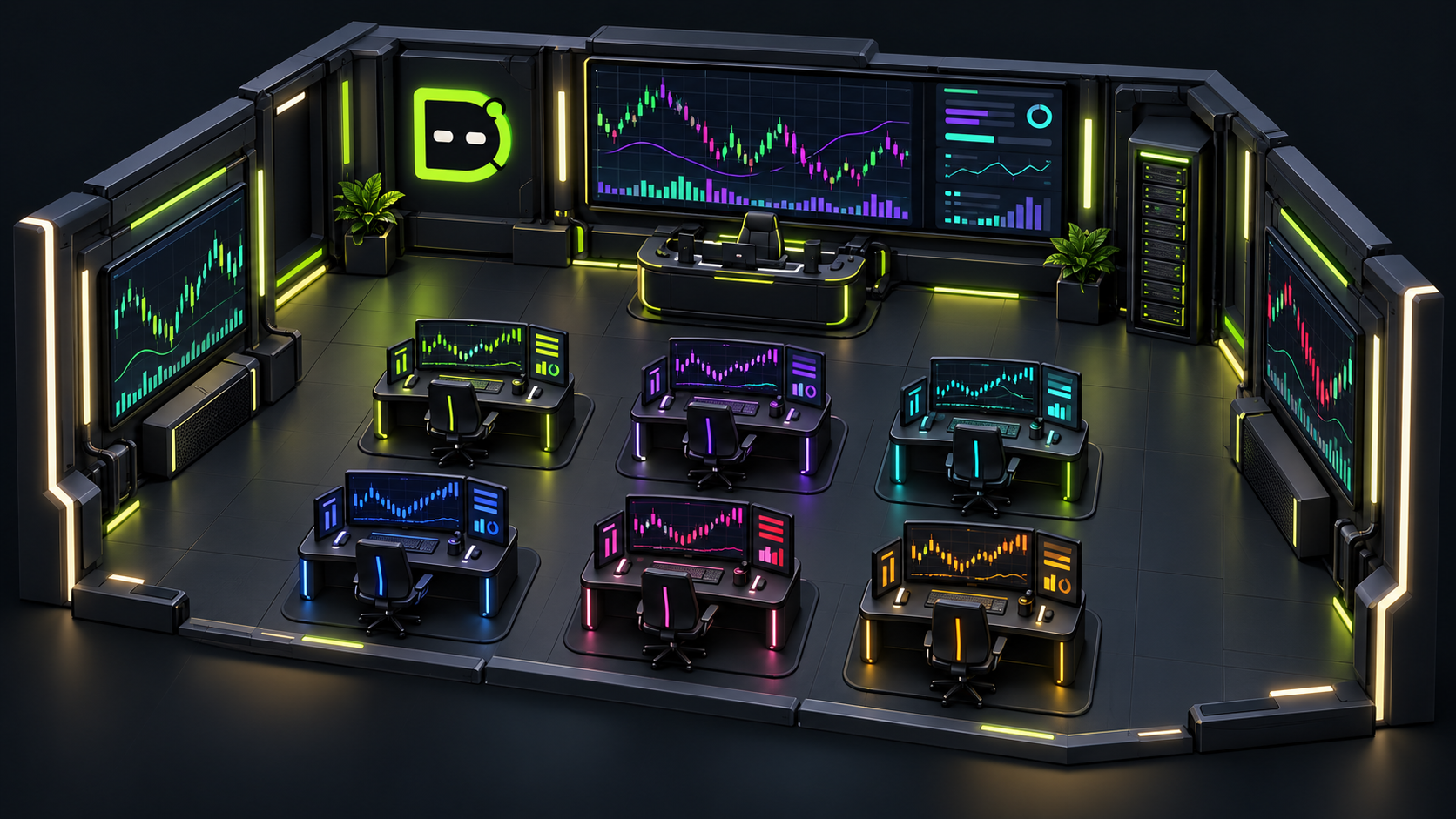 DeskMind’s isometric trading room with seven colorful desks